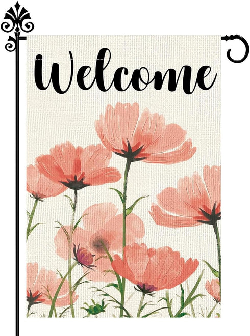 Spring Garden Flag Yard Flags for Outside Welcome Spring Garden Flags 12x18 Double Sided Pink Floral Burlap Garden Flag Decorative Flags for Outsi...