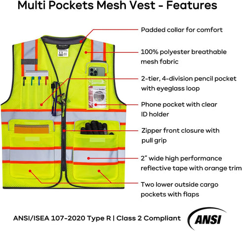 Reflective Safety Vest Yellow Mesh, High Visibility Vest with Pockets and Zipper, Padded Neck, Construction Work Vest ANSI Class 2, Yellow with Or...