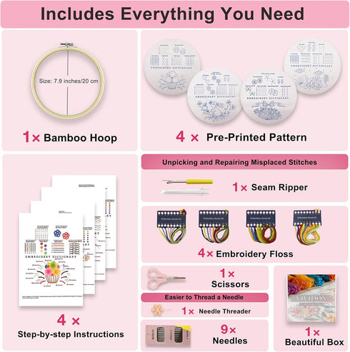 VIVIDOX 4 Sets Embroidery Kit for Beginners with Stitch Video, Cross Stitch Kits for Adults Practice, Starters, Hand Craft Lover with Embroidery C...