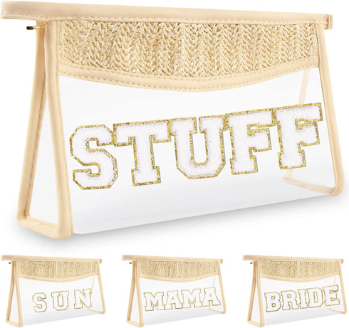 Boho Clear Makeup Letter Patch Makeup Bag STUFF Pouch, Clear Toiletry Bags Travel Small Cute Stadium Chenille Letter Cosmetic Zipper Pouch Purse, ...