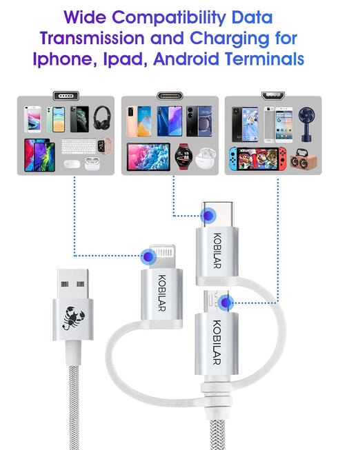 [Apple MFi Certified 3 in 1 Charging Cable, CarPlay Cable, USB A to Lightning/Type-C/Micro, Multi Charger Cable, Compatible with iPhone,iPad,Samsu...