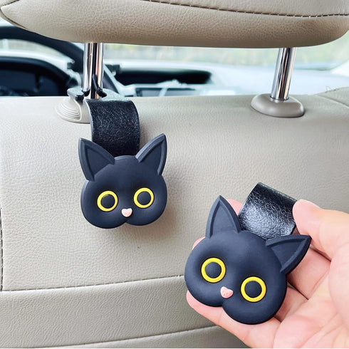 Car Seat Headrest Hooks - Cute Cartoon Cat Hook Vehicle Hanger for Purses, Bags, Coats, Umbrellas Holder (2pc Black)...