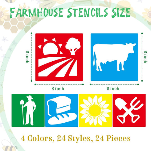 24 Pcs Farm Theme Stencil Set 8 x 8 Inch Plastic Drawing Painting Stencil Templates Animals Farmer House Stencils Reusable for Kids Painting on Wo...