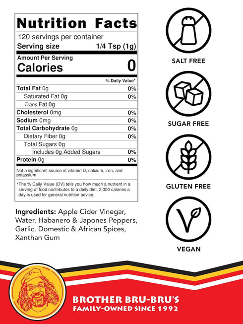 Brother Bru-Bru’s Hot Sauce – No Sodium, Salt Free, Sugar Free, Gluten Free, Vegan – African Hot Pepper Habanero Sauce, Seasoning & Spice – 5 oz (...