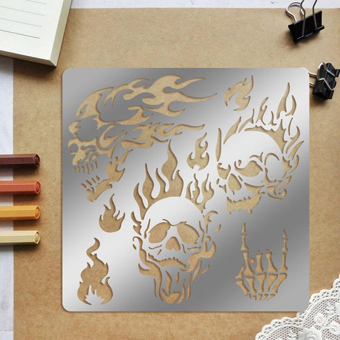 6x6 inch Metal Skull Stencil Fire Skull Pyrography Stencils Template for Halloween Wood Carving, Drawings and Woodburning, Engraving and Scrapbook...