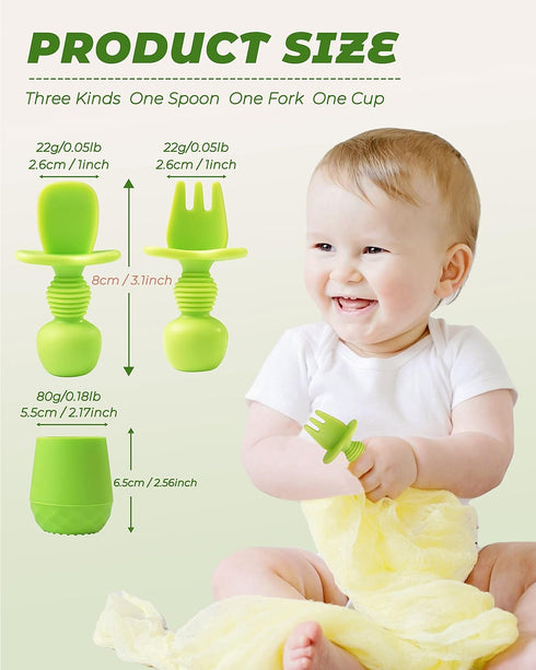 3 Pcs Baby Utensils, Baby Spoons Self Feeding 6 Months with Silicone Baby Cup, Baby Utensils 6-12 Months, Toddler Utensils for Baby Led Weaning (G...