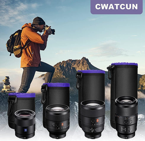 Cwatcun 4 Pack Lens Pouch Set, Camera Lens Case Bag with Thick Protective Neoprene, for Canon Nikon Sony Pentax Olympus Panasonic Fuji Sigma DSLR ...
