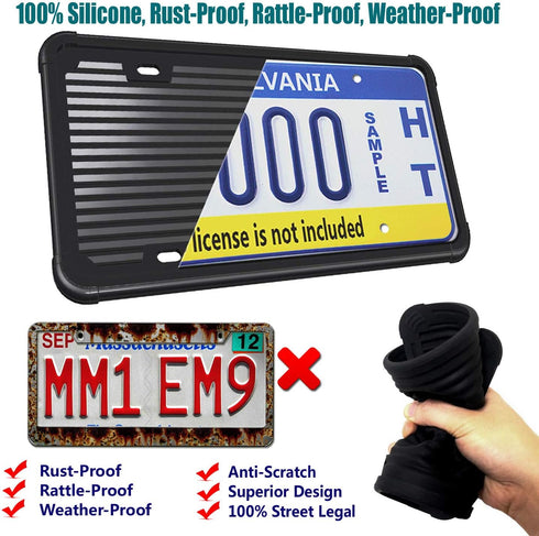 PRUST Anti Theft License Plate Frame- Black Silicone Car Plate Holder and Stainless Steel Tamper-Proof Screws kit, with License Plate Mounting Har...