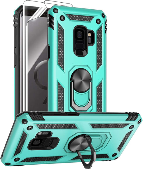 Androgate for Samsung Galaxy S9 Case with HD Screen Protectors, Military-Grade Metal Ring Holder Kickstand 15ft Drop Tested Shockproof Cover Case ...