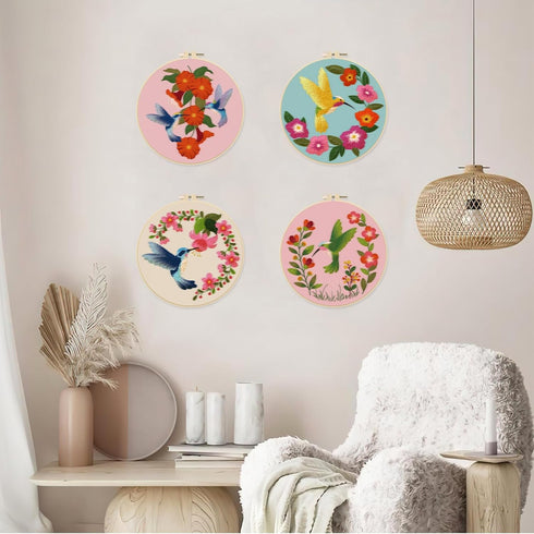 ORIGACH 4 Pack Flowers and Hummingbird Embroidery Kits for Beginners, DIY Starter Hand Embroidery Kit with Floral and Birds Patterns and Instructi...