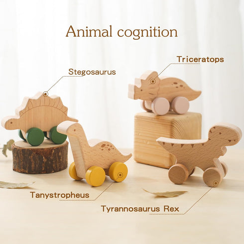 Wooden Dinosaur Cars Montessori Toys for Babies Baby Push Car Toys Wooden Toy Vehicles Development and Infant Grasping Montessori Toys(3PCS)...