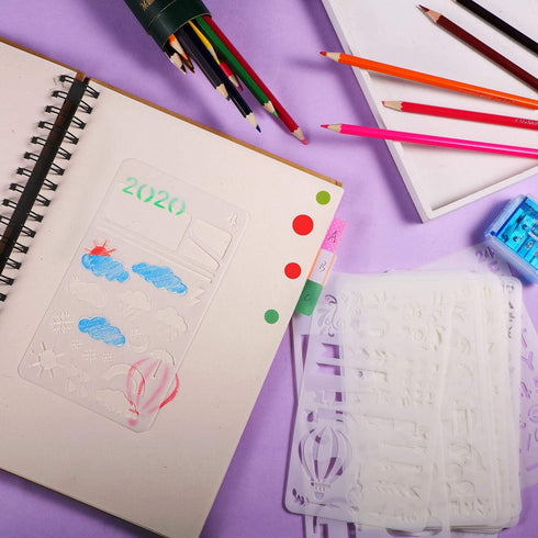 48 Pieces Journal Planner Stencils Plastic Bullet Stencil with A6 File Bag, Steel Ruler and 2 Pieces Metal Key Rings for Notebook, Diary, Scrapboo...