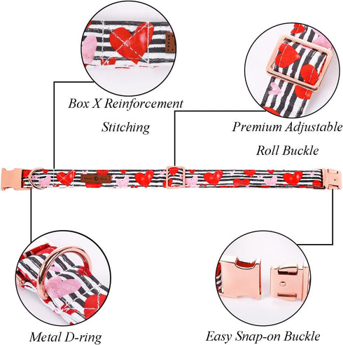 Lionet Paws Valentine Day Dog Collar, Heavy-Duty Cute Red Heart pattern Fabric Pet Collar with Metal Buckle Necklace for Small Gift, Neck 10-16 in...