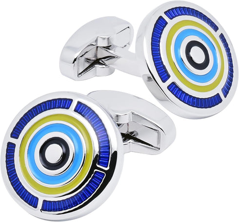 Round Silver Men's Cufflinks with Blue Circle In Gift Case Metal Cuff Links for Men Jewelry for Wedding Party Business Birthday Anniversary Dress...