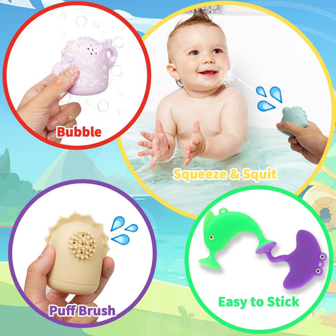 Baby Bath Toys, 13 Pcs Silicone Mold Free Bath Toys with a Storage Bag, Squeezable Dinosaurs Bathtub Toys, No Hole Sensory Ocean Animal Suction Cu...