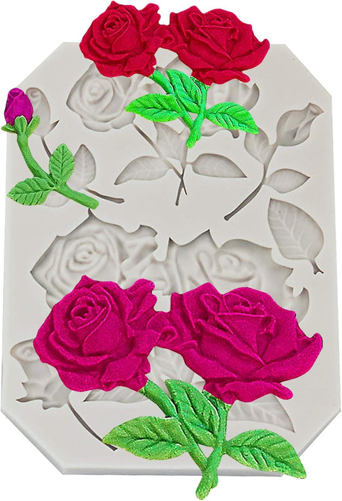 Rose Fondant Mold, Rose Flower with Leaf Silicone Mold upcake Topper,Polymer Clay,Candy Mold for Cake Decoration,Chocolate Mold, Sugar Crafts Mold...