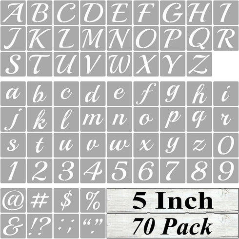 5 Inch Alphabet Letter Stencils for Painting - 70 Pack Letter and Number Stencil Templates with Signs for Painting on Wood, Reusable Cursive Lette...