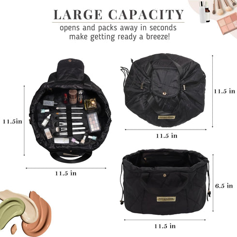 Drawstring Makeup Bag - Chic Black Diamond Stitched Quilted Makeup Bag w/ Gold Hardware - Large, Water-Resistant Expandable Black Makeup Bag with ...