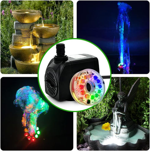 PULACO 10Watt 160GPH Submersible Fountain Pump with Automatic Color Changing LED Light and flow regulator for Water Feature, Outdoor Pond, Aquariu...