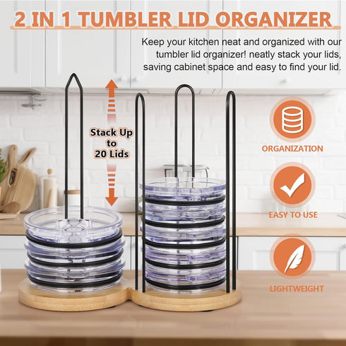 Tumbler Lid Organizer, 2 IN 1 Stacking Tumbler Lid Holder Vertical Storage for Up to 20 Lids, Space-Saving Design Cup Lid Organizer Storage Rack f...