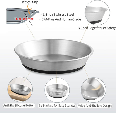 Stainless Steel Cat Bowls,Whisker Friendly Shallow Cat Dishes for Food and Water,Non-slip Silicone Bottom,Heavy Duty,Replacement Kitten Metal Plat...