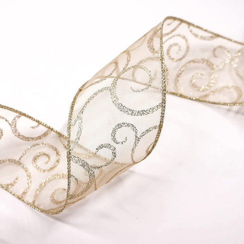 CT CRAFT LLC Organza with Champagne Gold Glitter Swirls Wired Ribbon 2.5 inch x 50 Yards for Christmas Home Decor Tree Topper Bow Gift Wrapping DI...