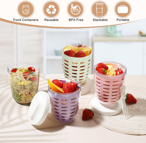 Fruit Salad Storage Cup With Lids and Fork, 20 Oz Plastic Airtight Fruit Storage Containers for fridge with BPA-Free, Leak-Proof, Reusable for Off...