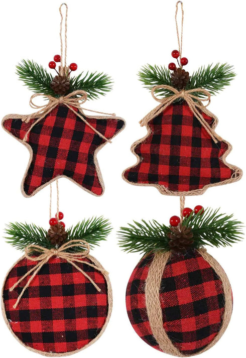 Farmhouse Decor Buffalo Plaid Christmas Stockings and Ornaments 6 Piece Set Red and Black Check Woodland Style (2 Stockings & 4 Ornaments)...