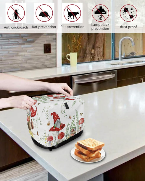 Mushroom Gnomes Toaster Cover 2 Slice, Small Kitchen Appliance Covers, Spring Floral Teal Botanical Toaster Oven Cover with Loop, Bread Machine Co...