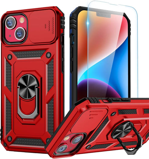 Goton for iPhone 14 & iPhone 13 Case with Screen Protector - Slide Camera Cover Phone Case with Ring Stand, Heavy Duty Military Grade Shockproof R...