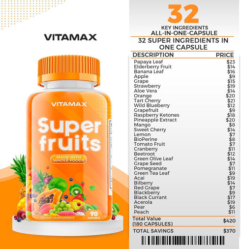 Vitamax Super Fruit and Vegetable Supplements – Organic Whole Superfood Vitamins & Minerals – 90 Veggie and 90 Fruit Capsules for Women, Men, and ...
