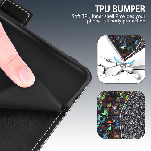 Asuwish Phone Case for iPhone 13 6.1 inch Wallet Cover with Screen Protector and Wrist Strap Flip Card Holder Bling Glitter Cell Accessories iPhon...