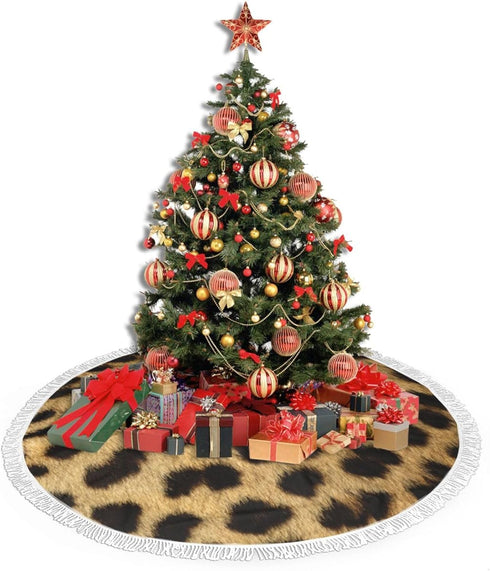 Christmas Tree Skirt 48" Inch Leopard Animal Print Xmas Tree Skirt Mat with White Tassel for Party Holiday, Tree Skirt Christmas Decorations...