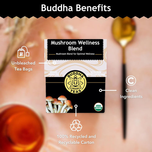 Buddha Teas - Organic Mushroom Wellness Blend - Herbal Tea - For Health & Wellbeing - With Antioxidants & Minerals - Clean Ingredients - Caffeine ...