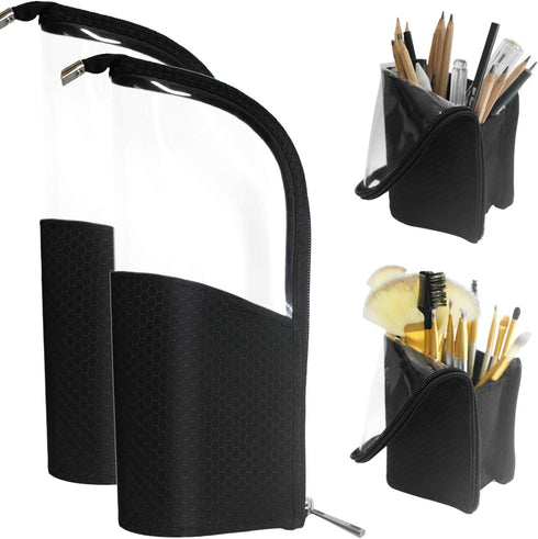 ANEMEL Black Travel Makeup Brush Holder 2-Pack, Organizer Bag Clear Plastic Cosmetic Zipper Pouch Portable Waterproof Dust-Free Stand-Up Small Toi...