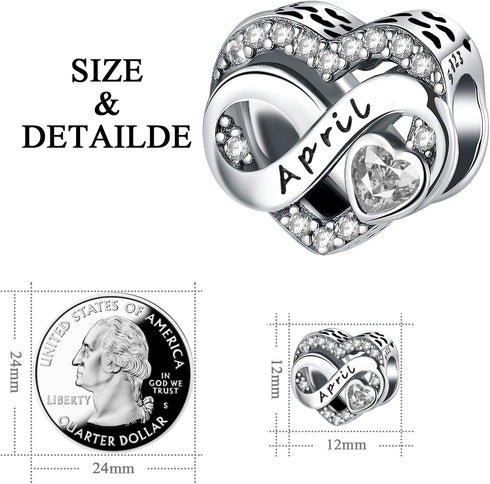 November Birthstone Charm 925 Sterling Silver for Bracelet Necklace Mother's Day (April)...