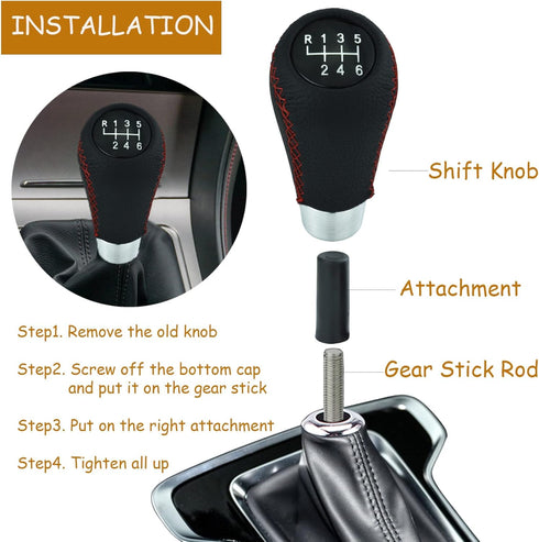 6 Speed Shift Knob Car Shifter Handle PU Leather Gear Stick Head for Most Manual Automatic Vehicles (Red Stitches)...