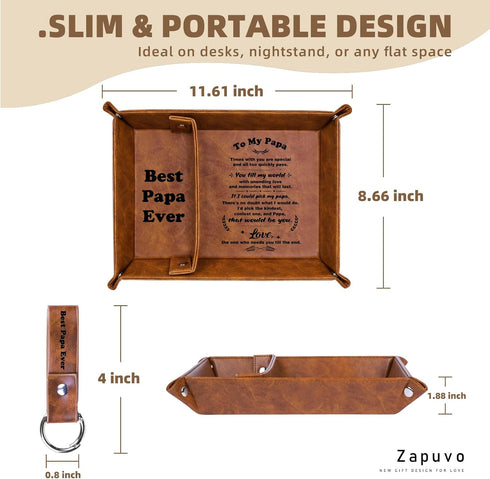 Best Papa Ever PU Leather Tray and Keychain, Unique Papa Grandpa Gifts for Father Day from Granddaughter Grandson, Birthday Gifts for Dad from Dau...