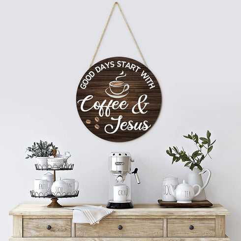HMASYO Wood Coffee Signs, Good Days Start with Coffee & Jesus, Wood Farmhouse Wall Sign Bar Decor for Kitchen, Home, Office, Cafe Station Housewar...