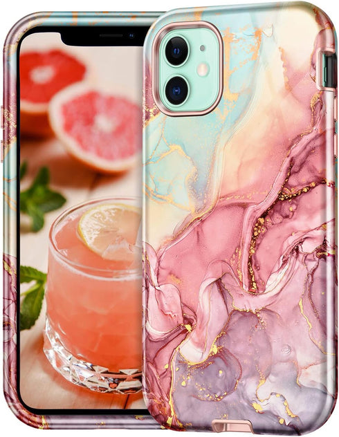 CASEFIV Compatible with iPhone 11 Case,Marble Pattern 3 in 1 Heavy Duty Shockproof Full Body Rugged Hard PC+Soft Silicone Drop Protective Women Gi...