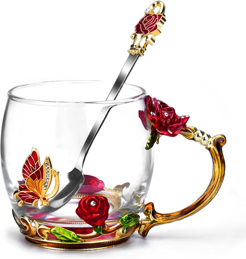 OEAGO Gifts for Mom Women Mothers Day Glass Coffee Enamels Mug Best Birthday Butterfly Rose Gifts for Her from Daughter Son Lead-Free Valentines D...