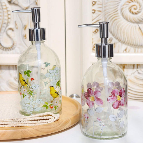 17oz Flower Glass Soap Dispenser Bottle with Plastic Pump,Set of 2...