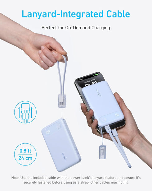 Anker Power Bank, 10,000mAh Portable Charger with Built-in USB-C Cable and Lanyard, 22.5W Max Output with 2 USB-C and 1 USB-A Port, Battery Pack f...