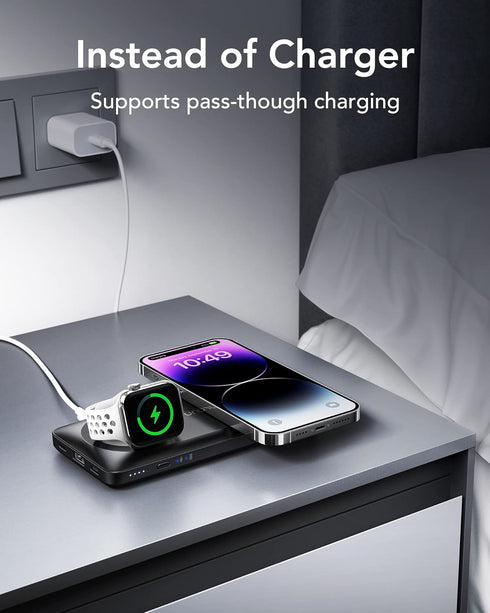 VRURC Wireless Portable Charger, 10000mAh Magnetic Power Bank, 3 in 1 Charger, 22.5W Fast Charing Battery Pack, 3 inputs 4 outputs Compatible with...