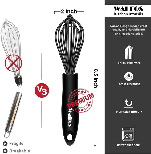 Walfos Silicone Whisk, Stainless Steel Wire Whisk - Heat Resistant Kitchen Whisks for Non-stick Cookware, Balloon Egg Beater Perfect for Blending,...