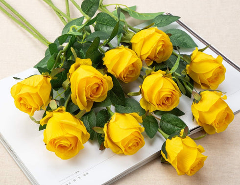 Flojery 10pcs Artificial Rose Flowers Long Stem Fake Silk Roses for DIY Wedding Bouquet Table Centerpiece Home Decor (Yellow)...
