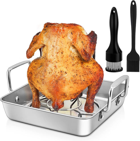 Roasting Pan with Beer Can Chicken Holder, Joyfair 9-inch Stainless Steel Square Baking Pans & Roaster Grill Racks, Great for Baking Oven BBQ Gril...