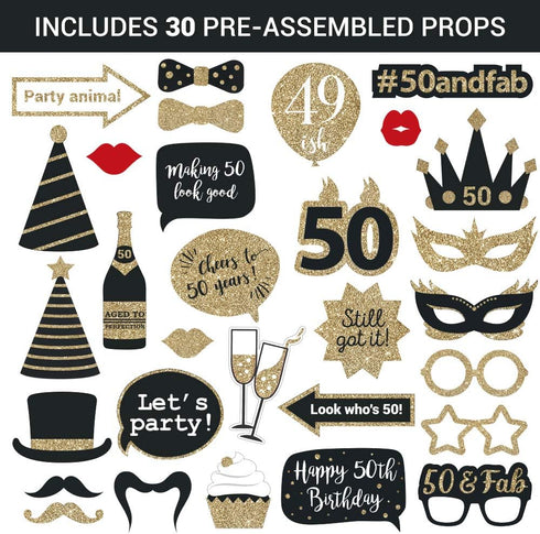 Fully Assembled 50th Birthday Photo Booth Props - Set of 30 - Black & Gold Selfie Signs - 50th Party Supplies & Decorations - Cute Bday Designs wi...