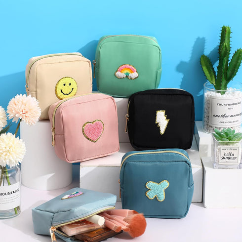 Zubebe 6 Pcs Preppy Patch Cute Makeup Bags Toiletry Bags Skincare Bag Chenille Letter Nylon Bag for Purse Small Zipper Cosmetic Makeup Pouch Prepp...