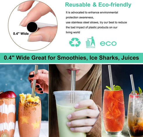 Vinaco Stainless Steel Smoothie Straws, 0.4'' Extra Wide Reusable Metal Drinking Straws for Milkshake, Smoothie, Beverage, Set of 4 with 1 Cleanin...